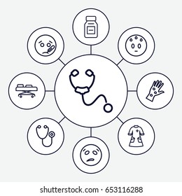 Sick icons set. set of 9 sick outline icons such as stethoscope, nurse gown, medicine, hospital stretch, arm rash, sweating emot