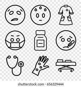 Sick icons set. set of 9 sick outline icons such as stethoscope, nurse gown, medicine, hospital stretch, arm rash, sweating emot, sick emot