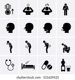 Sick Icons Set. FLU Or Influenza Symptoms Icons. Human Disease Pictogram, Vector