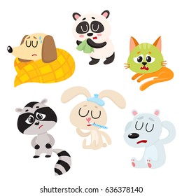 Sick, Ill Animals And Pets - Fever, Headache, Stomach Ache, Flu, Running Nose, Cartoon Vector Illustration Isolated On A White Background. Sick Baby Animals - Panda, Dog, Cat, Rabbit, Raccoon, Bear