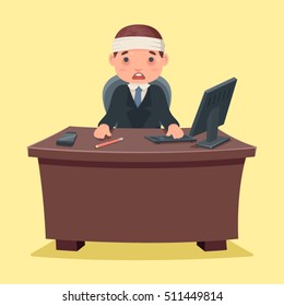 Sick Ill Businessman character work office and desktop cartoon design vector illustration