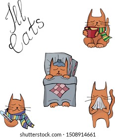 Sick, ill cats - fever, headache, flu, running nose, cartoon vector illustration isolated.
