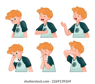 Sick and ill child. Boy sneezes and coughs into tissue or into air. Personal hygiene rules during colds and flu. Prevention of infection. Cartoon flat vector collection isolated on white background