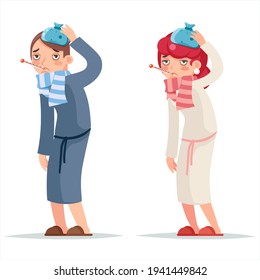 Sick ill female male cold virus flu disease illness medicine woman cartoon character design vector illustration