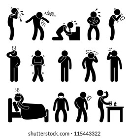 Sick ill Fever Flu Cold Sneeze Cough Vomit Disease Stick Figure Pictogram Icon