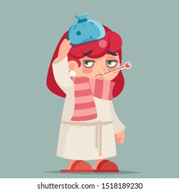 Sick Ill Girl Cold Virus Flu Disease Female Illness Medicine Woman Infection Cartoon Design Character Vector Illustration