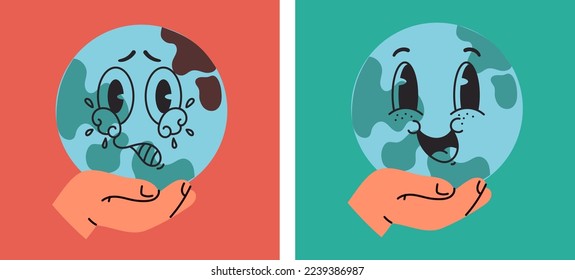 Sick ill and happy save planet Earth. Global warming ecological problems concept. Vector flat graphic design element concept illustration