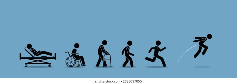 A sick injured person recover and regain his health after step by step rehabilitation and health improvement.  Vector illustration depicts concept of healing, healthy again, and getting better.