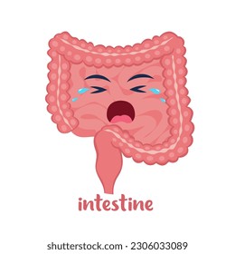 Sick intestine with pain ache or disease. Sad cartoon character intestine, body organ injured or unhealthy. Human cartoon anatomy, kids medicine. Vector illustration