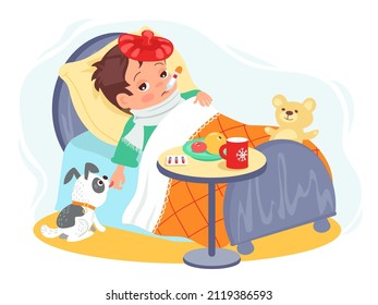Sick kid in bed. Ill little boy in bed with thermometer in mouth, puppy licks hand, colds and flu, treatment and recovery, unhealthy character with fever, vector concept