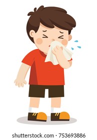 Sick Kid.  A boy with handkerchief in hand. Season allergy. 