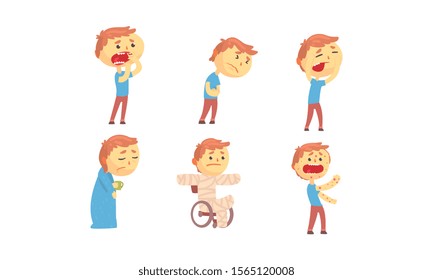 Sick Kid Character Suffering From Chickenpox and Stomachache Vector Set