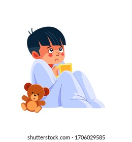Sick kid with a cup of tea. Little sad boy has flu. Sick child boy sitting in bed with toy bear and blowing her nose, feel so bad with fever. Cartoon vector illustration isolated background