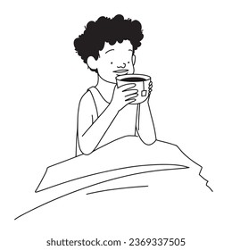 A sick kid drinking tea, flat line minimalistic illustration. Vector illustration