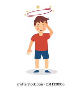 Sick kid feeling dizzy in flat design on white background. Unwell boy with spinning stars above his head.