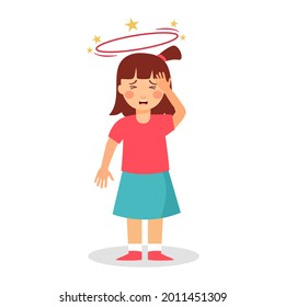 Sick kid feeling dizzy in flat design on white background. Unwell girl with spinning stars above her head.