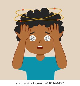 Sick kid feeling dizzy in flat design. Unwell boy with spinning stars above his head.