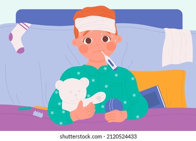 Sick kid with flu, cold and fever lying in bed at home vector illustration. Cartoon sad tired boy patient with temperature, cute baby holding thermometer and toy, unhappy little child feeling unwell