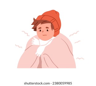 Sick kid freezing, shivering from cold, flu, fever. Ill child wrapped in warm blanket, feeling unwell. Little boy, influenza disease symptom. Flat vector illustration isolated on white background