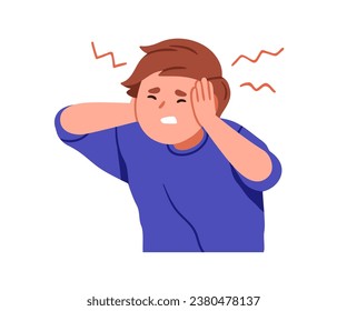 Sick kid suffering from headache. Ill child feeling unwell, dizzy, grabbing head from unbearable ache, pain. Dizziness, migraine, vertigo. Flat vector illustration isolated on white background