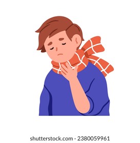 Sick kid suffering from sore throat. Ill child wrapped with warm scarf. Unhealthy boy with ache, pain, feeling unwell from cold, flu disease. Flat vector illustration isolated on white background