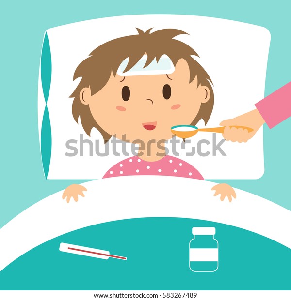 Vector De Stock Libre De Regalias Sobre Nino Enfermo Tomando Medicinas Acostandose 583267489
