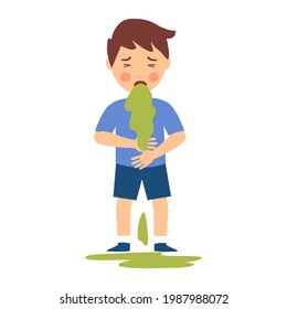 Sick Kid Vomiting In Flat Design On White Background. Nausea Throwing Up From Food Poisoning Or Illness.