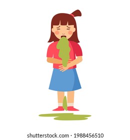 Niño enfermo vomita en diseño plano con fondo blanco. El desperdicio de náuseas por intoxicación alimentaria o enfermedad.