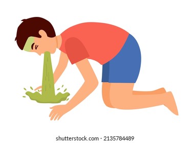 Sick Kid Vomiting In Flat Design On White Background. Nausea Throwing Up From Food Poisoning Or Illness.