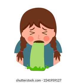 Sick kid vomiting in flat design on white background. Nausea throwing up from food poisoning or illness.