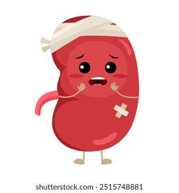 Sick kidney organ cartoon character. Unhealthy kidney disease. Sad kidney with pain ache on face with patch. Kidney failure concept.