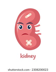 Sick kidney with pain ache or disease. Sad cartoon character kidney, body organ injured or unhealthy. Human cartoon anatomy, kids medicine. Vector illustration