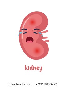 Sick kidney with pain ache or disease. Sad cartoon character kidney, body organ injured or unhealthy. Human cartoon anatomy, kids medicine. Vector illustration
