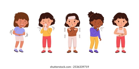 Conjunto de personagens para crianças doentes. Menina sofrendo de dor de estômago, espirros com tecido, menina doente com febre alta, menina tossindo, menina tem doença de pele. Ilustração de vetor na moda plana