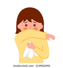 Sick kids covering sneeze with her arm in flat design on white background. Flu, cold or season allergy symptom.