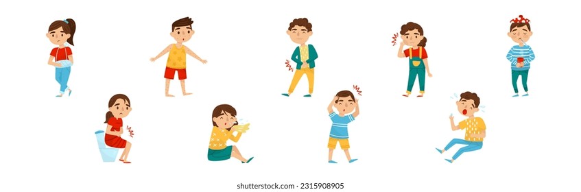 Sick Kids Feeling Unwell and Sick Vector Set