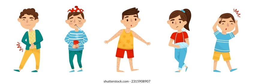 Sick Kids Feeling Unwell and Sick Vector Set