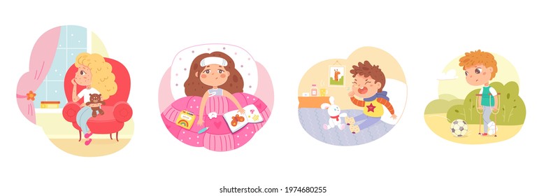 Sick kids in pain set. Children with cold, temperature, unwell in bed, coughing, walking with crutches, in rash vector illustration. Little girls and boys hurt or having diseases.