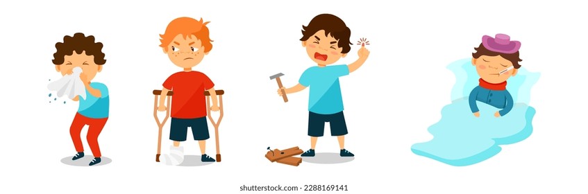 Sick Kids Suffering from Disease Feeling Unwell Vector Set