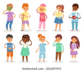Sick kids vector child with headache and temperature and children catching a cold or flu illustration set of sickness or illness isolated on white background