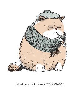 A sick kitten in a scarf, with a thermometer and a heating pad on his head. Pencil sketch of treating a sad pet. Hand drawn vector illustration
