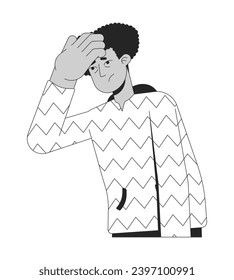 Sick latino man taking temp on forehead black and white 2D line cartoon character. Suffer headache isolated vector outline person. Feeling skin temperature monochromatic flat spot illustration