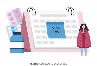 Sick leave concept vector illustration. Paid days, stay home, without losing pay, social insurance, ill worker.