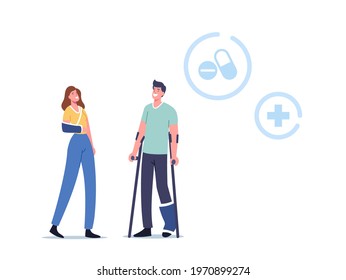 Sick Leave, Healthcare Medicine, Therapy Concept. Male And Female Characters With Orthopedic Bandage Brace On Leg And Wrist Visiting Orthopedy Clinic Or Hospital. Cartoon People Vector Illustration