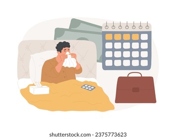 Sick leave isolated concept vector illustration. Paid days, stay home, without losing pay, social insurance, ill worker, sick businessman, home office, cold and flu, thermometer vector concept.