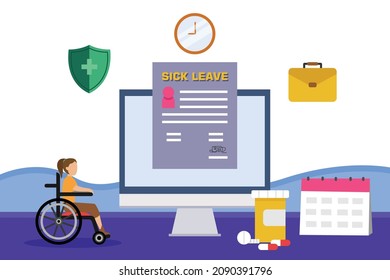 Sick leave vector concept. Sick young woman sitting on the wheelchair while looking at sick leave document on the monitor