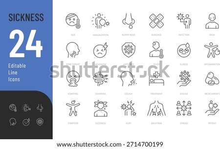 Sick Line Editable Icons set. Vector illustration in modern thin style of health related icons: infection, disease, inflammation, and more. Isolated on transparent background.