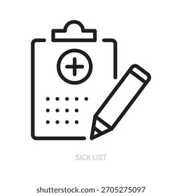 Icono de la línea de la lista enferma. Lista de verificación y lápiz negro esquema signo, símbolo. Médico, hospital, salud, concepto de atención médica. Ilustración vectorial. Trazo editable. Aislado en un fondo blanco. Diseño plano.