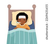 Sick little African boy has high fever flu and cold lying on bed with thermometer in his mouth