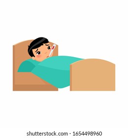 Sick little asian boy with thermometer in bed. Child with high temperature cartoon character. Fever, influenza symptom. Kid with cold. Patient relaxing under blanket 